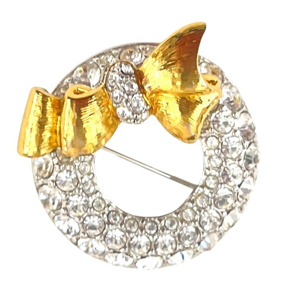 Swarovski Crystal Signed Rhodium Plated Wreath Pin Brooch Gold Bow Dainty - Picture 3 of 9